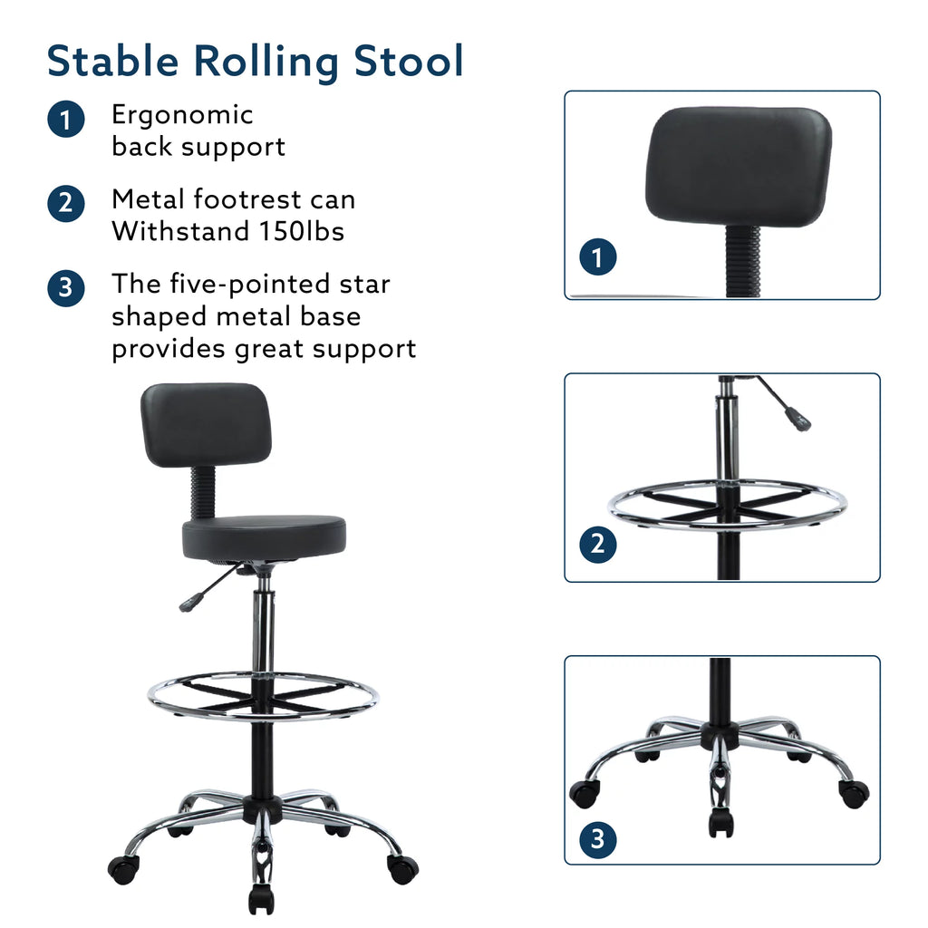 Height Adjustable Drafting Stool with Backrest, Faux Leather, Rolling Wheels D302274