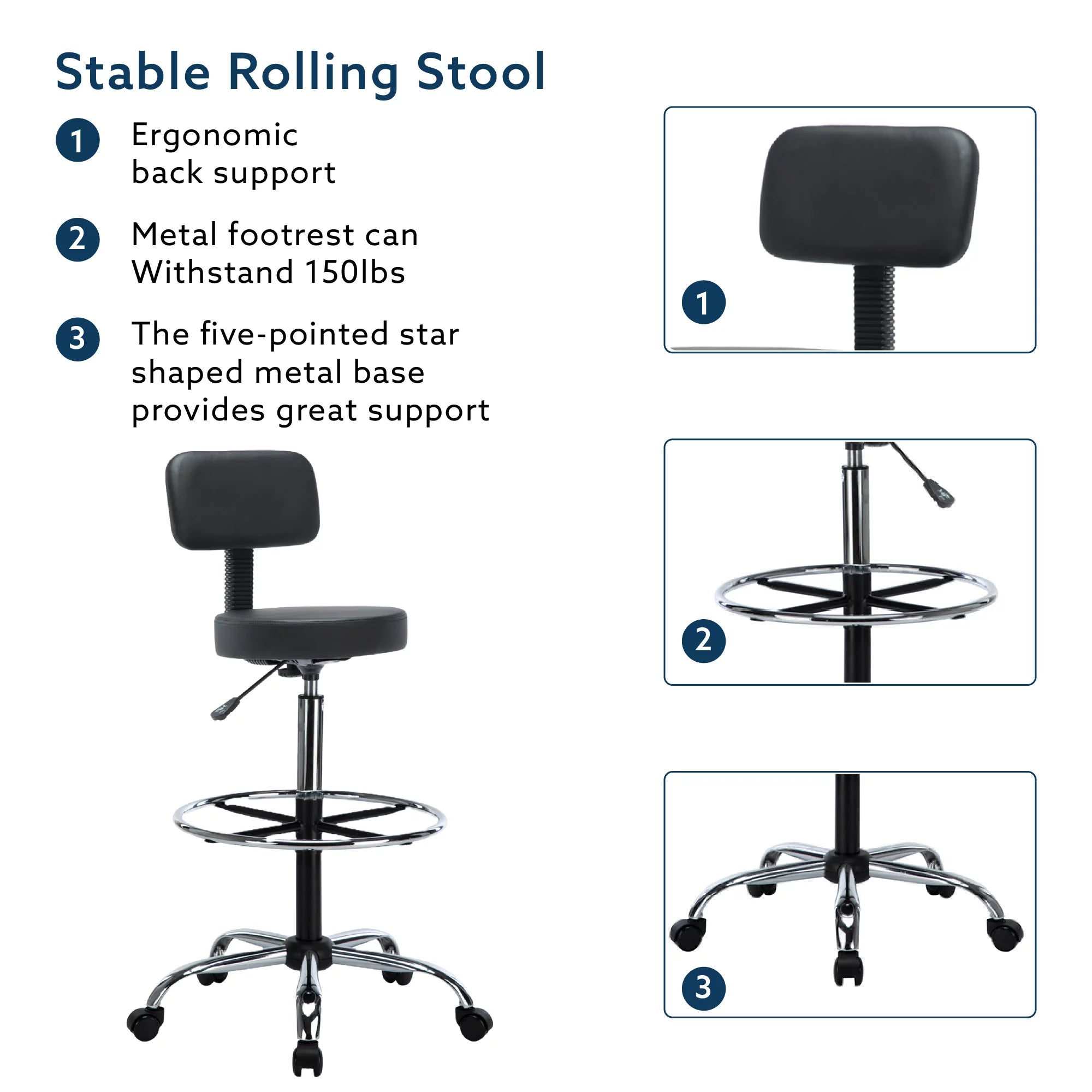 Height Adjustable Drafting Stool with Backrest, Faux Leather, Rolling Wheels D302274