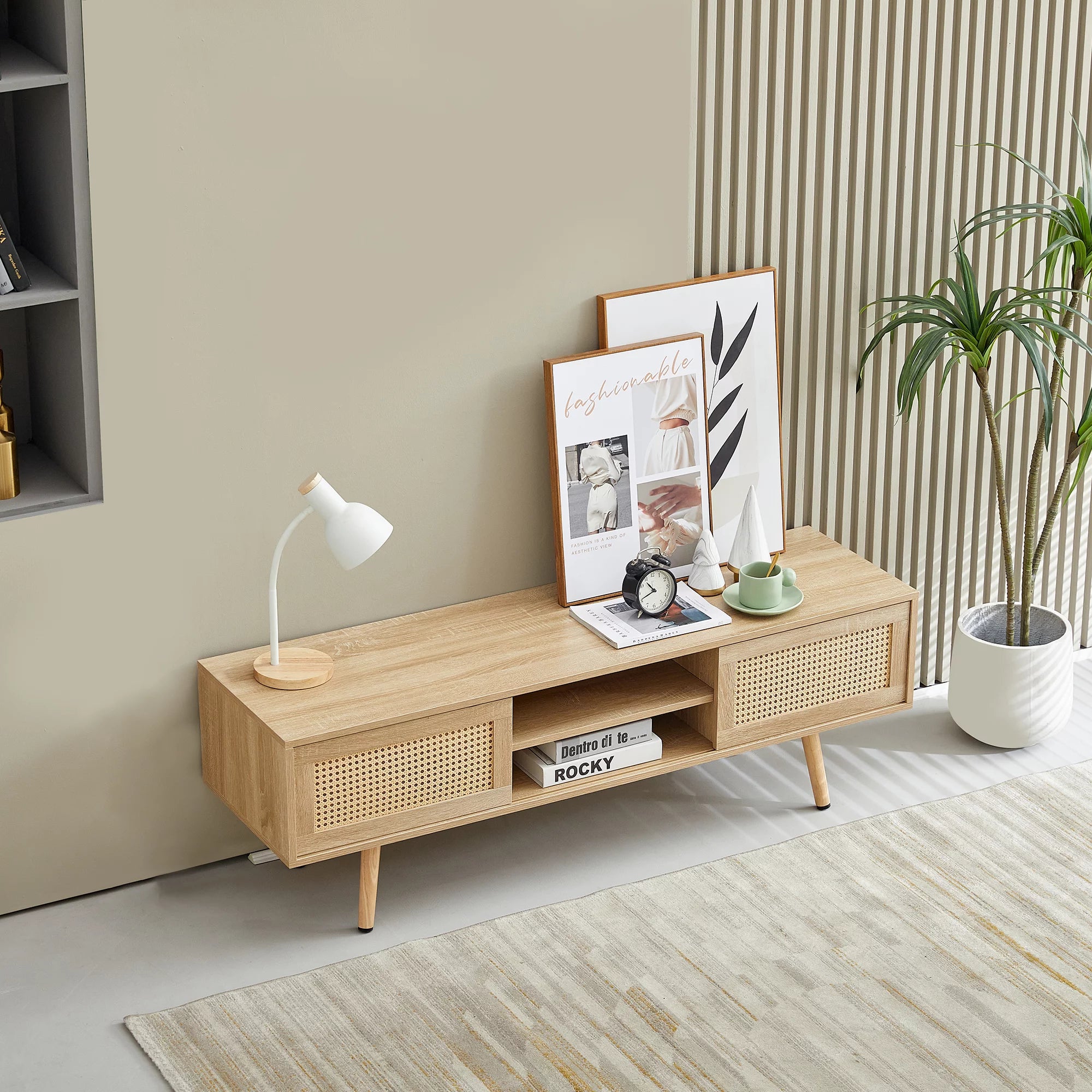Rattan TV Stand for 55 Inch TV with Sliding Doors and Adjustable Shelf K50867