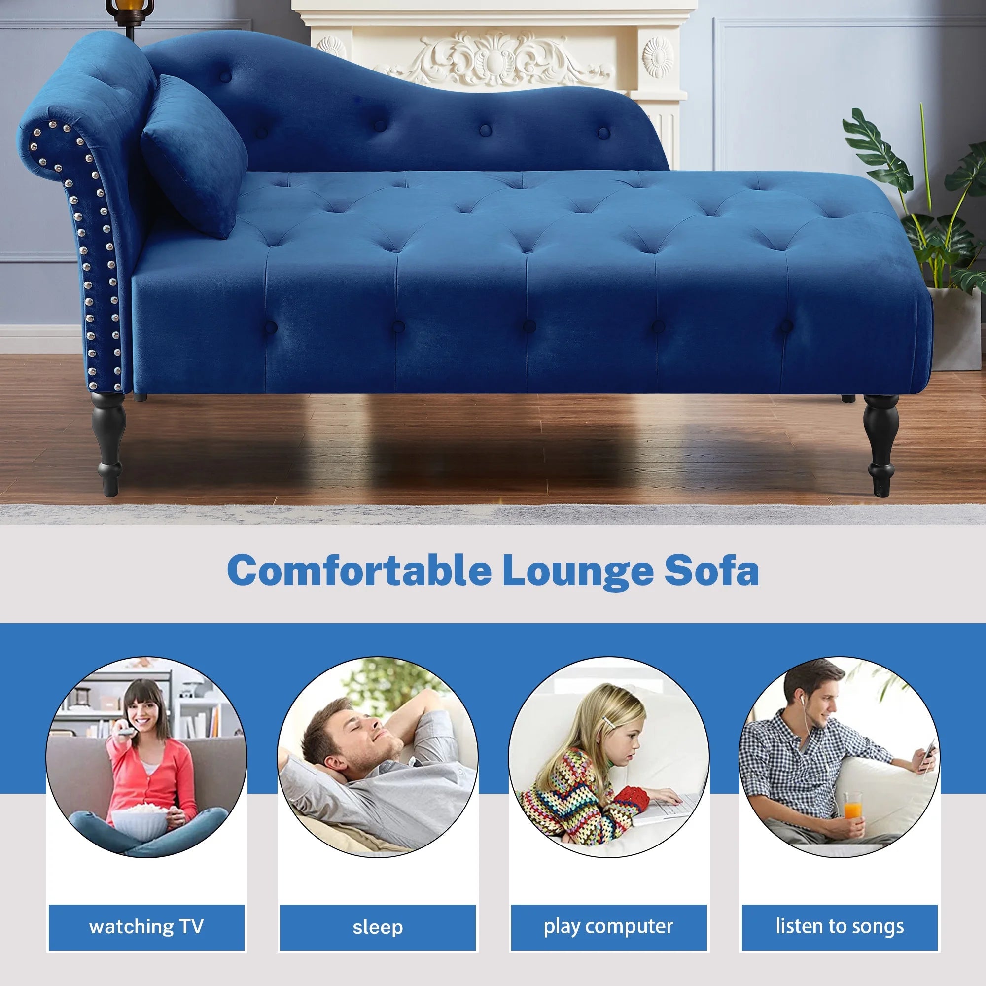 Modern Lounge Chaise Indoor, Upholstered Accent Chair with Button Tufted Seat and Solid Wooden Legs, Blue H5118