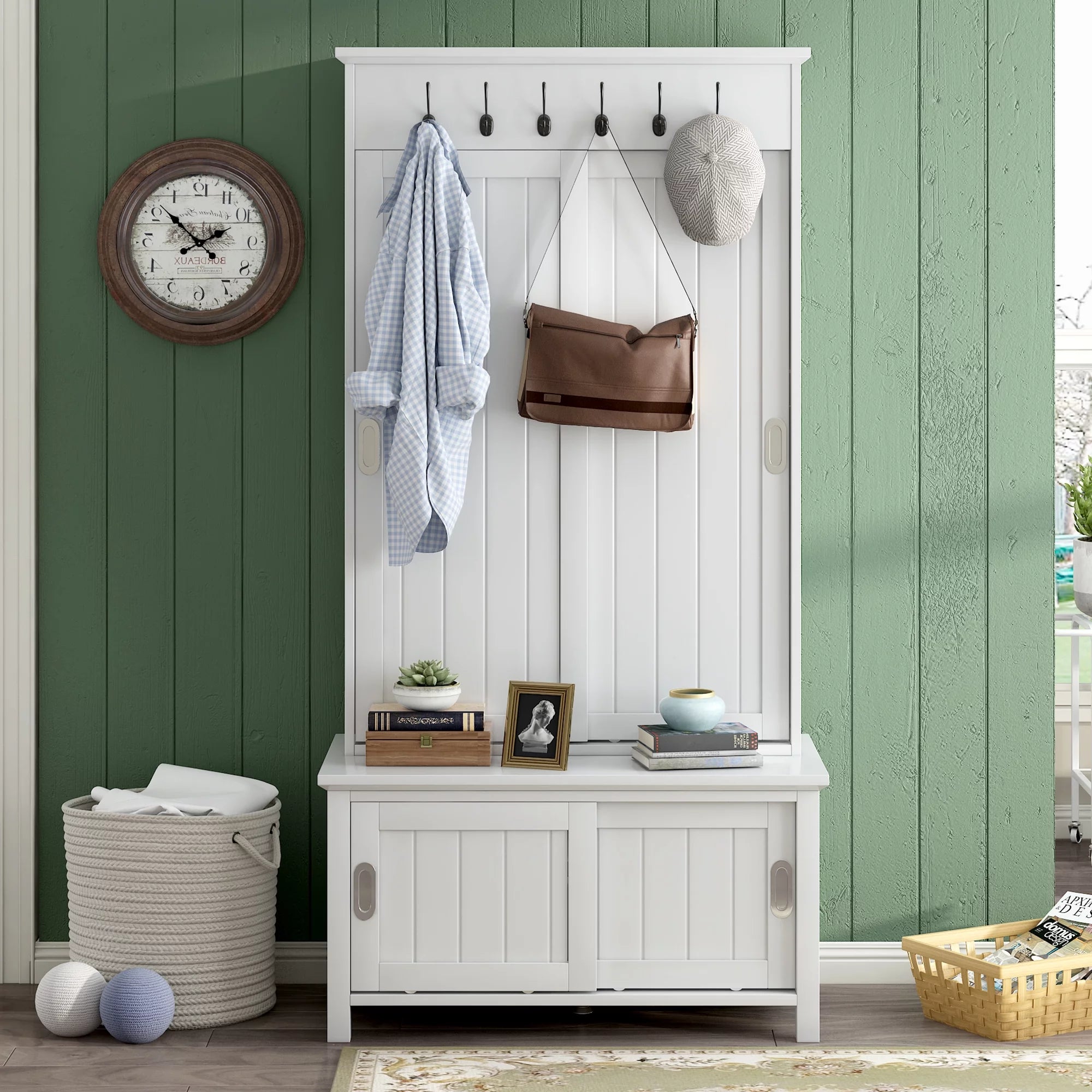 Hall Tree with Sliding Doors, Wooden Shoe Cabinet with Storage Bench and Shelves K116