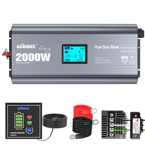 GIANDEL 2000W Pure Sine Wave Power Inverter FCC approved Low EMI DC 12V to AC 120V with a Hard Wire Terminal Block and Big LCD Display Wired Remote Controller for RV Truck Boat Solar System
