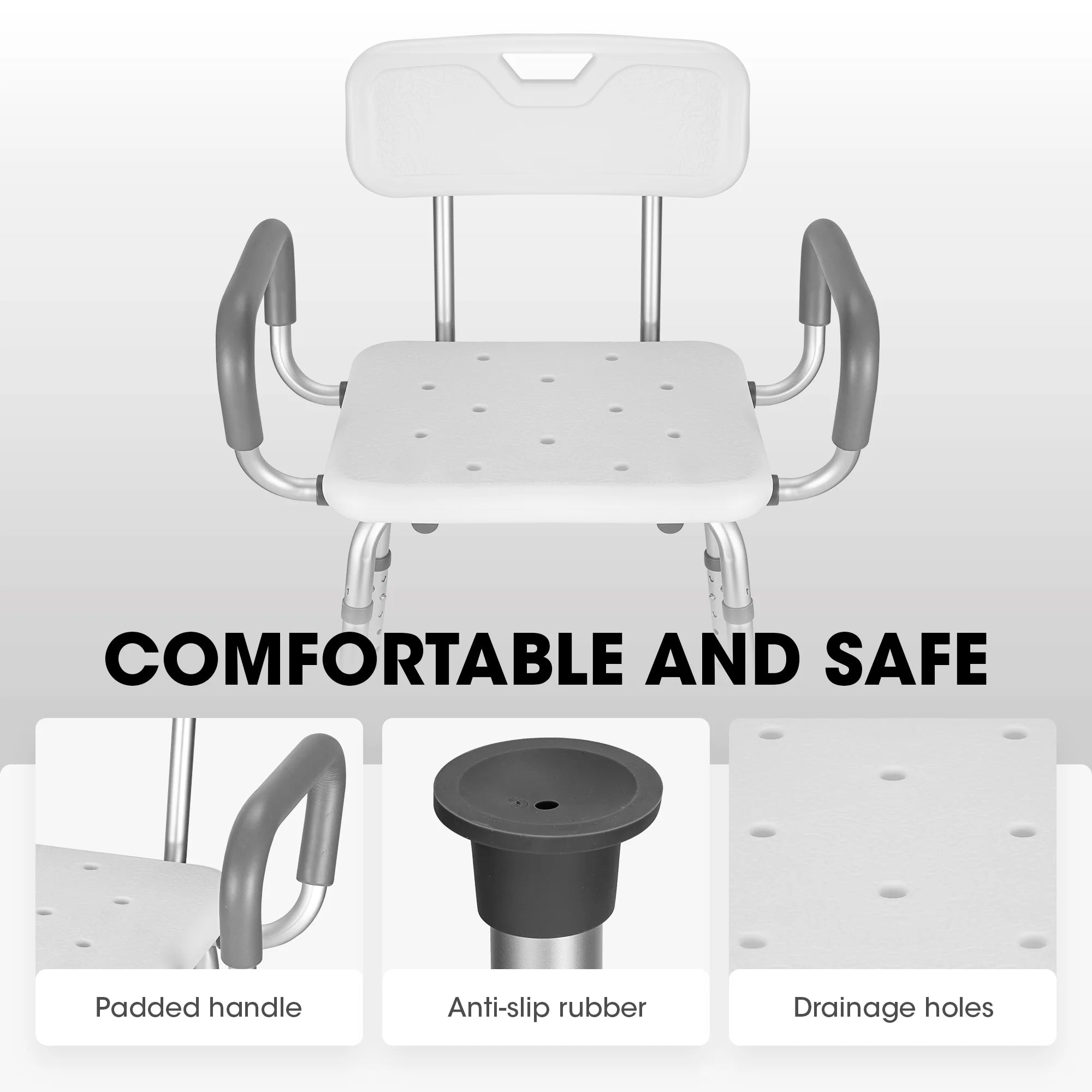 Shower Chair with Back and Padded Armrests, 6-Level Adjustable Height Q673