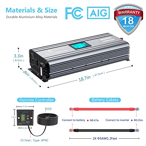 2000W Pure Sine Wave Power Inverter DC 12V to AC 120V with LCD Display and Remote Controller U48008