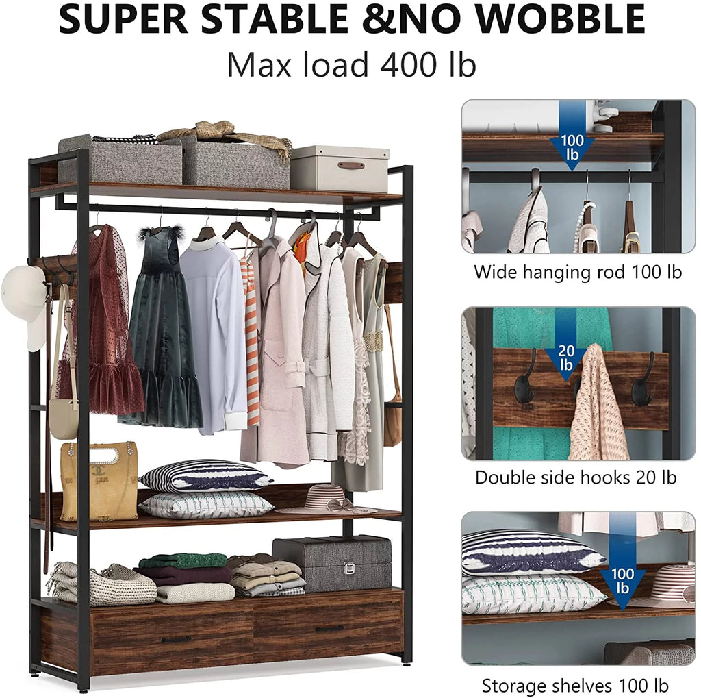 Heavy Duty Clothes Rack with Shelves, Hanging Rod and 2 Drawers, Rustic Brown P367