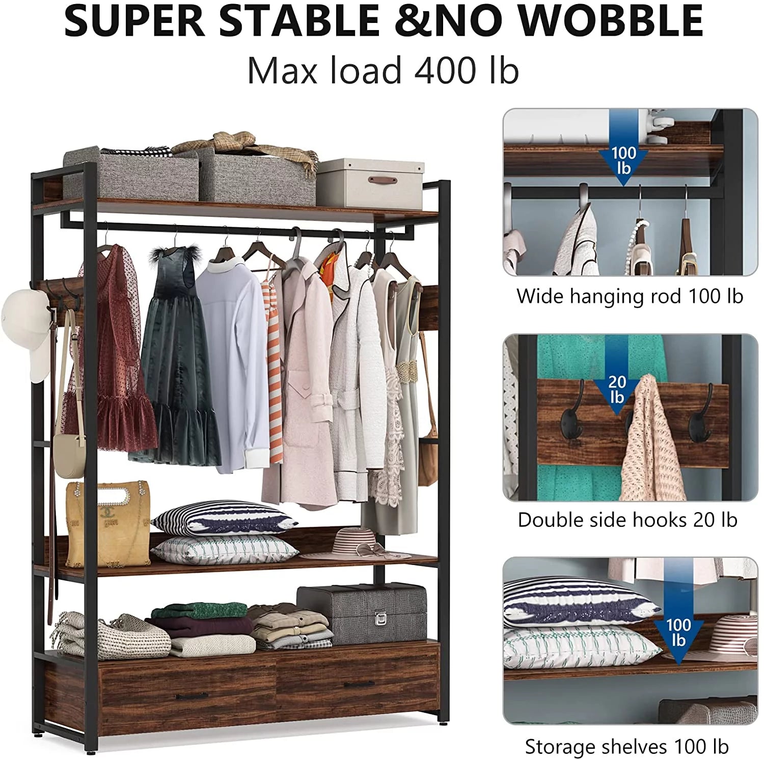 Heavy Duty Clothes Rack with Shelves, Hanging Rod and 2 Drawers, Rustic Brown P367