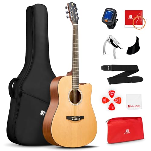 Vangoa Acoustic Guitar Kit for Beginner Adult Teen Full Size Cutaway Acustica Guitarra Starter 41 Inch Guitar Natural Bundle Set with Bag Strap Tuner Capo Pickguard Pick, Right Hand
