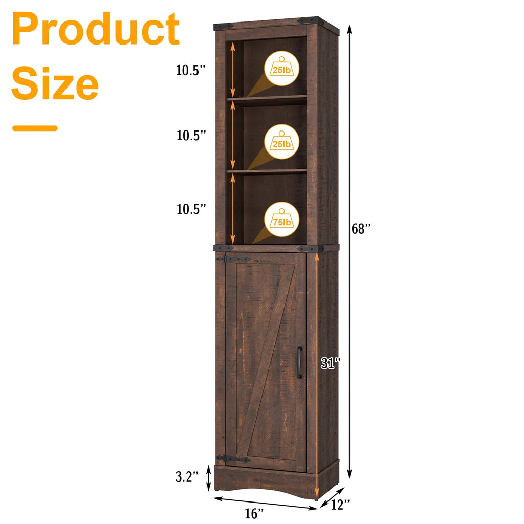 Farmhouse Storage Cabinet, 5-Shelf Tall Bathroom Organizer with Barn Door, Brown D6816