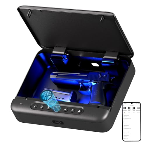 Gun Safe, Biometric Gun Safes For Handgun, Pistol Safe With Fingerprint or Keypad, 4-Quick Access Unlock Gun Case for Firearm, Gun Lock Box For Nightstand Beside with APP Normal Size