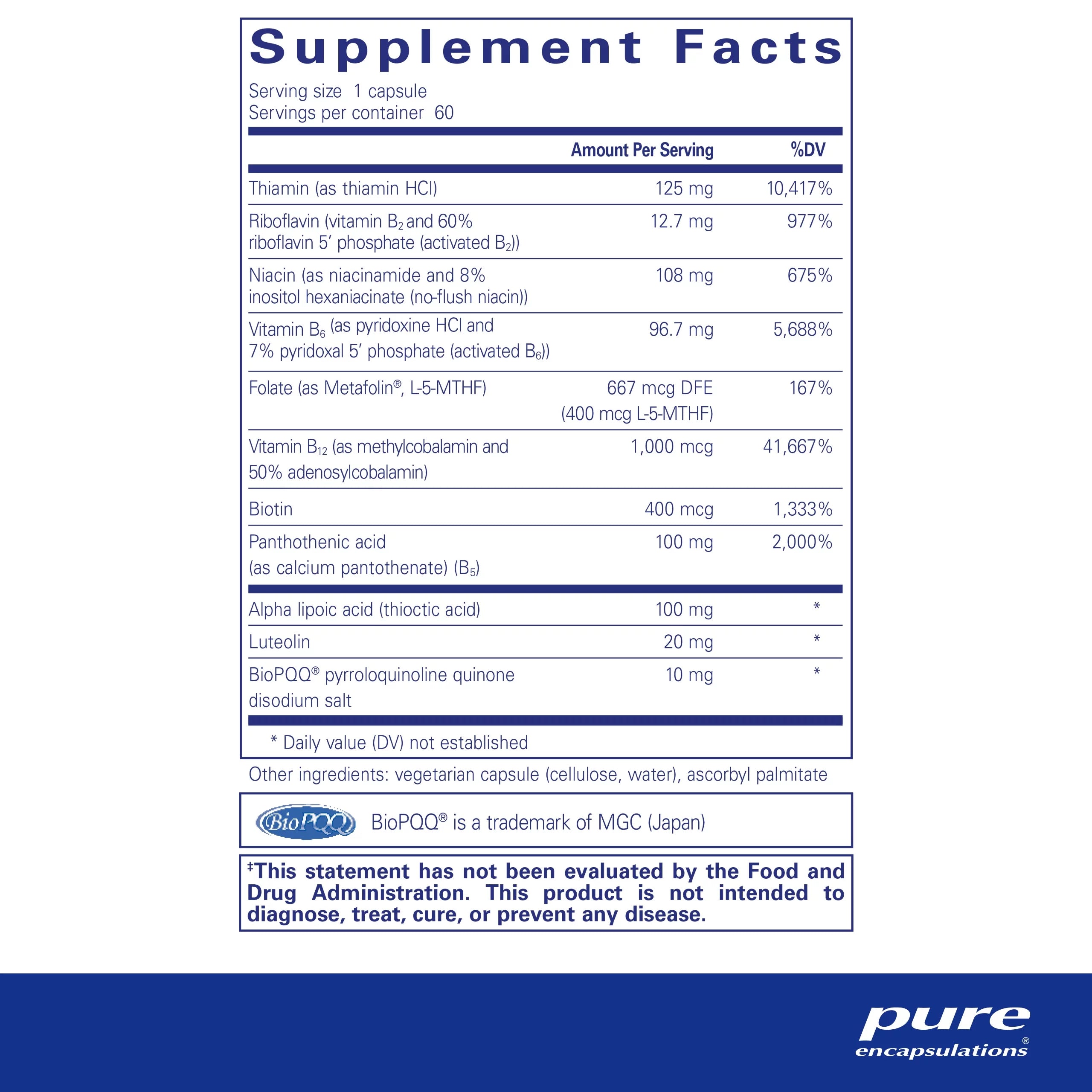 Ultra B-Complex with PQQ Vitamin B Supplement, 60 Capsules V7358