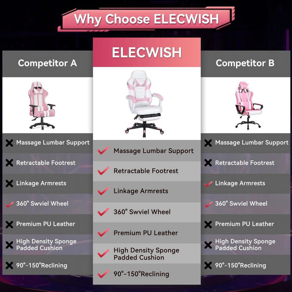 Pink Gaming Chair with Lumbar Support, Swivel Office Chair O5526