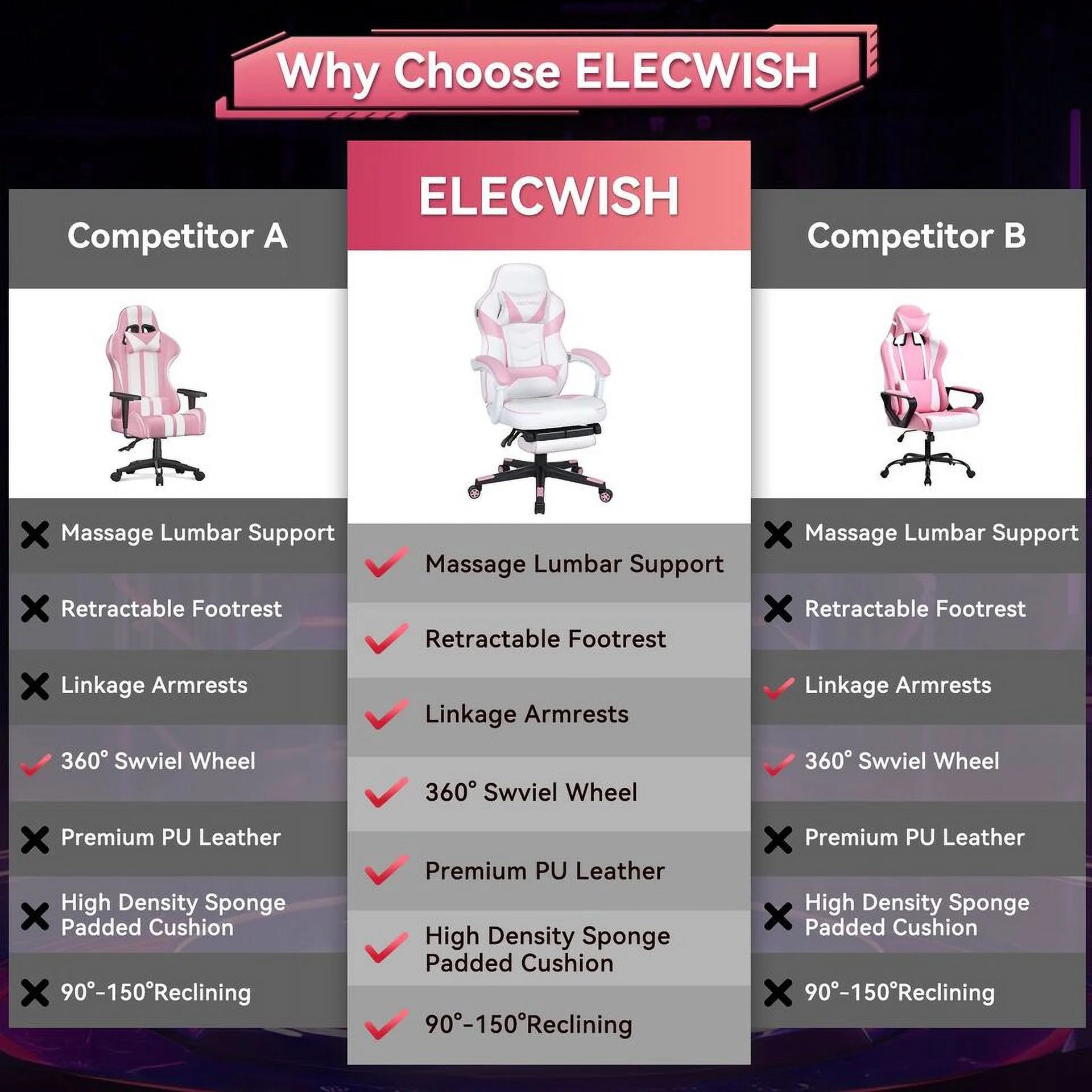 Pink Gaming Chair with Lumbar Support, Swivel Office Chair O5526