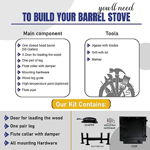 Double Barrel Stove Adapter Kit for 30-55 Gallon Drums, Camping Wood Stove R8740