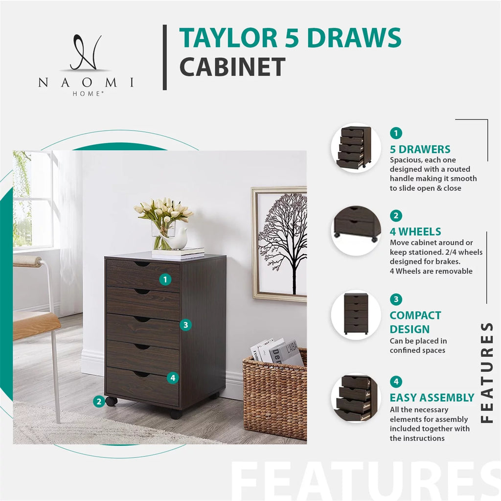 5 Drawer Chest with Wheels, Wood Storage Dresser - Espresso B12627