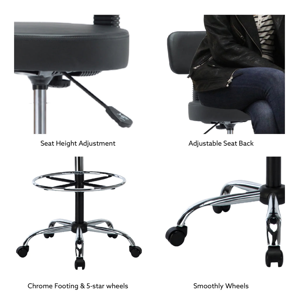 Height Adjustable Drafting Stool with Backrest, Faux Leather, Rolling Wheels D302274