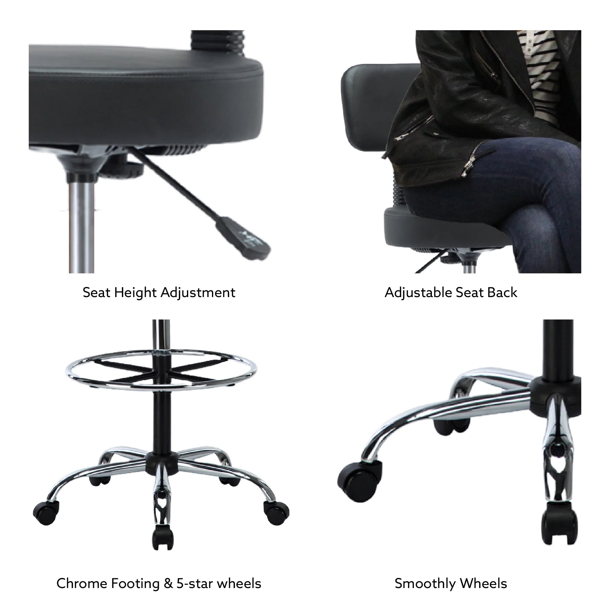 Height Adjustable Drafting Stool with Backrest, Faux Leather, Rolling Wheels D302274