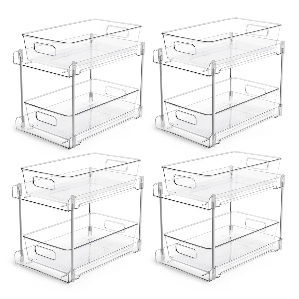 Vtopmart 4-Pack Under Sink Organizer, 2 Tier Bathroom Storage Organizer, Pull-Out Organization with Track for Pantry, Kitchen