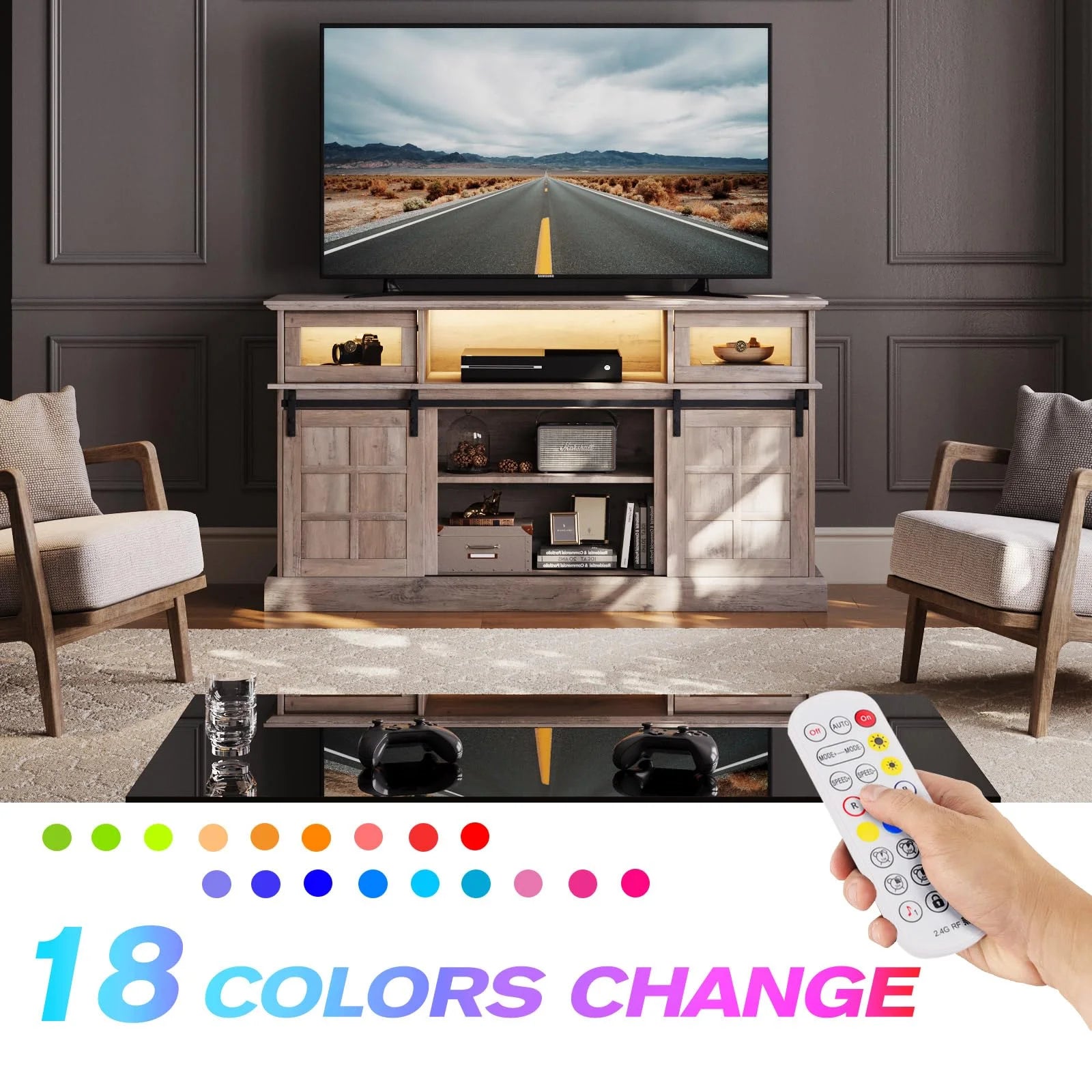 TV Stand with LED Light for TVs Up to 65 Inch, Storage Cabinet, Gray E9214