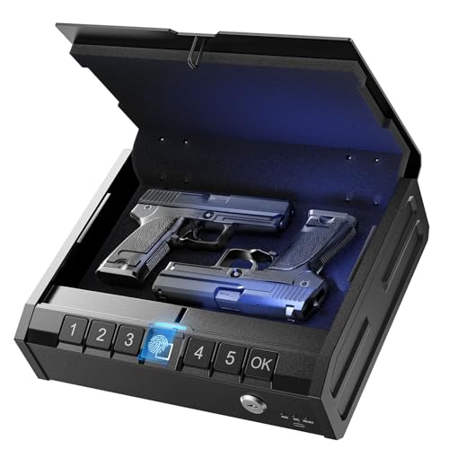 ONNAIS IRON SE Biometric Gun Safe for Pistols,Handgun, Quick-Access Firearm Safety Device with Fingerprint Lock or Key Pad, Gun Lock Box for Home Bedside Nightstand Car