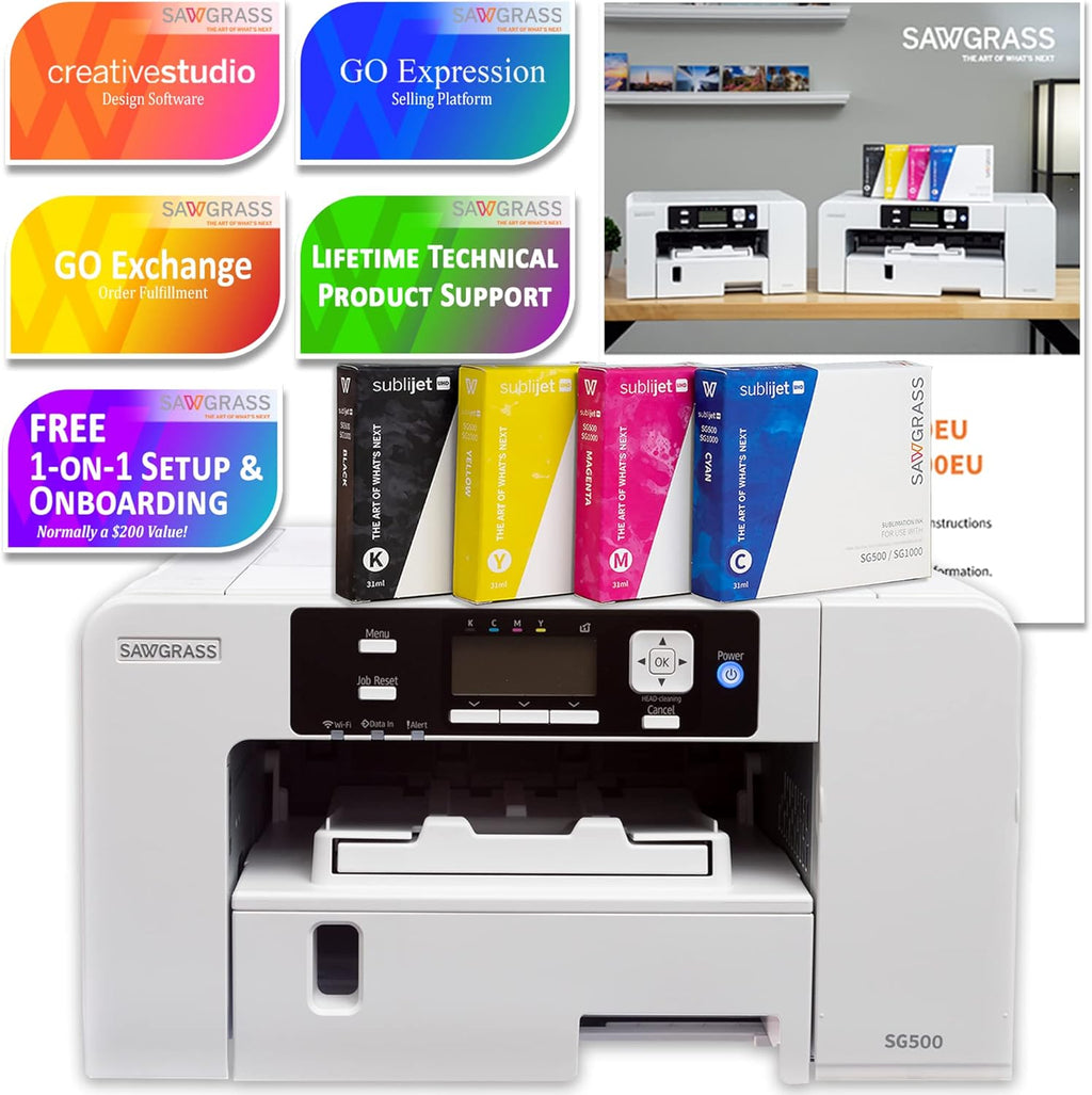 Sublimation Printer Starter Bundle with Inks, Mug Heat Press, Paper, Tape, Blanks and Designs X2098