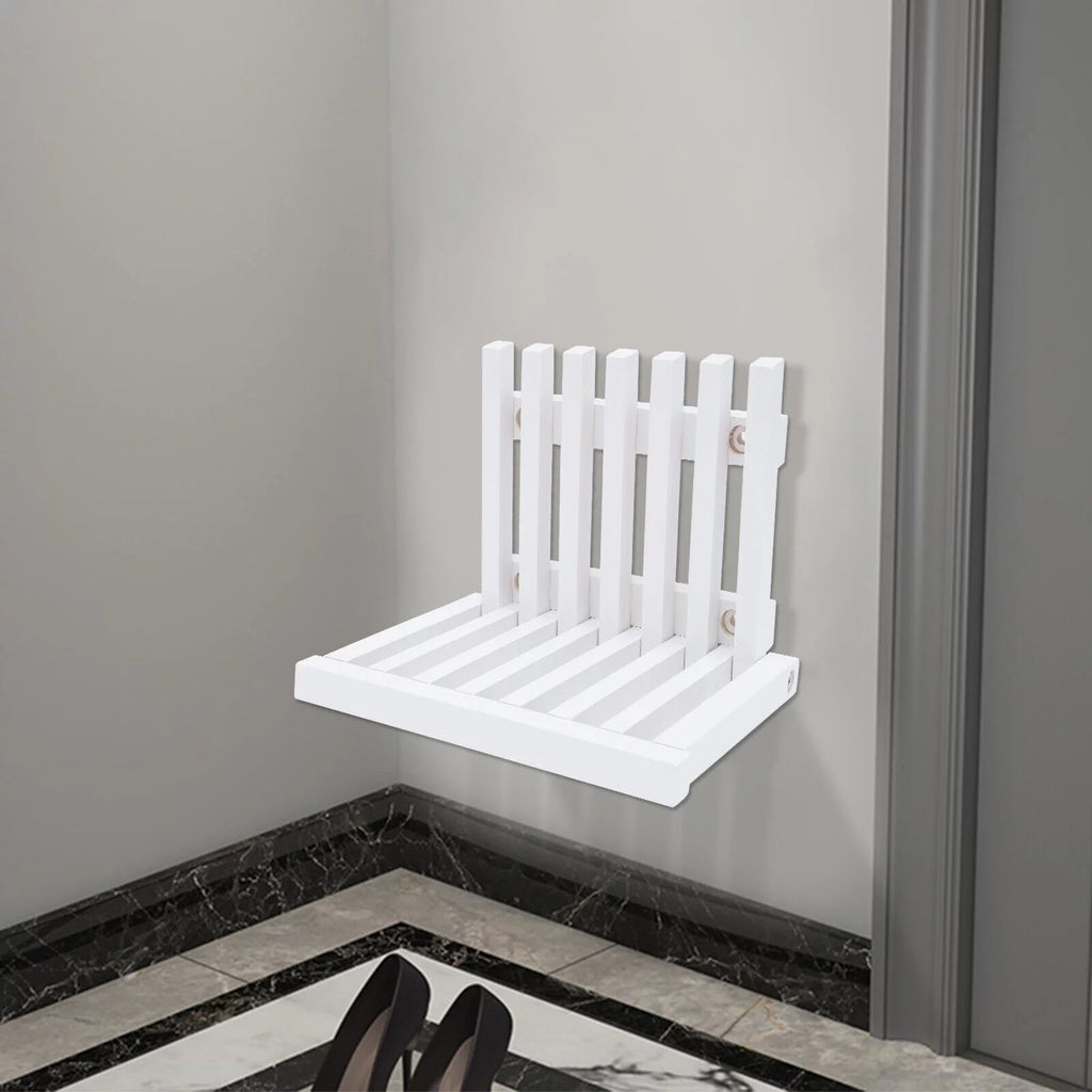 Oukaning Wall Mounted Folding Stool Chair Rubber Wood White Shower Seat Bench Load-bearing Capacity 220LBS 16x13.4in