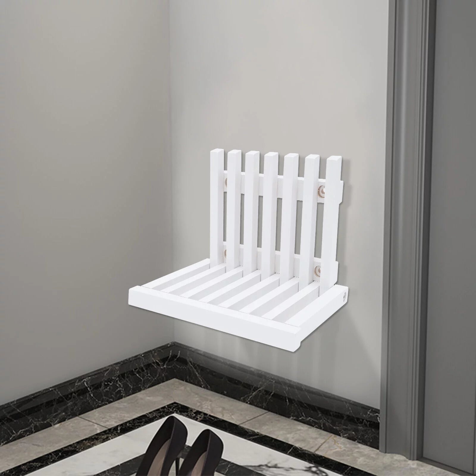Oukaning Wall Mounted Folding Stool Chair Rubber Wood White Shower Seat Bench Load-bearing Capacity 220LBS 16x13.4in