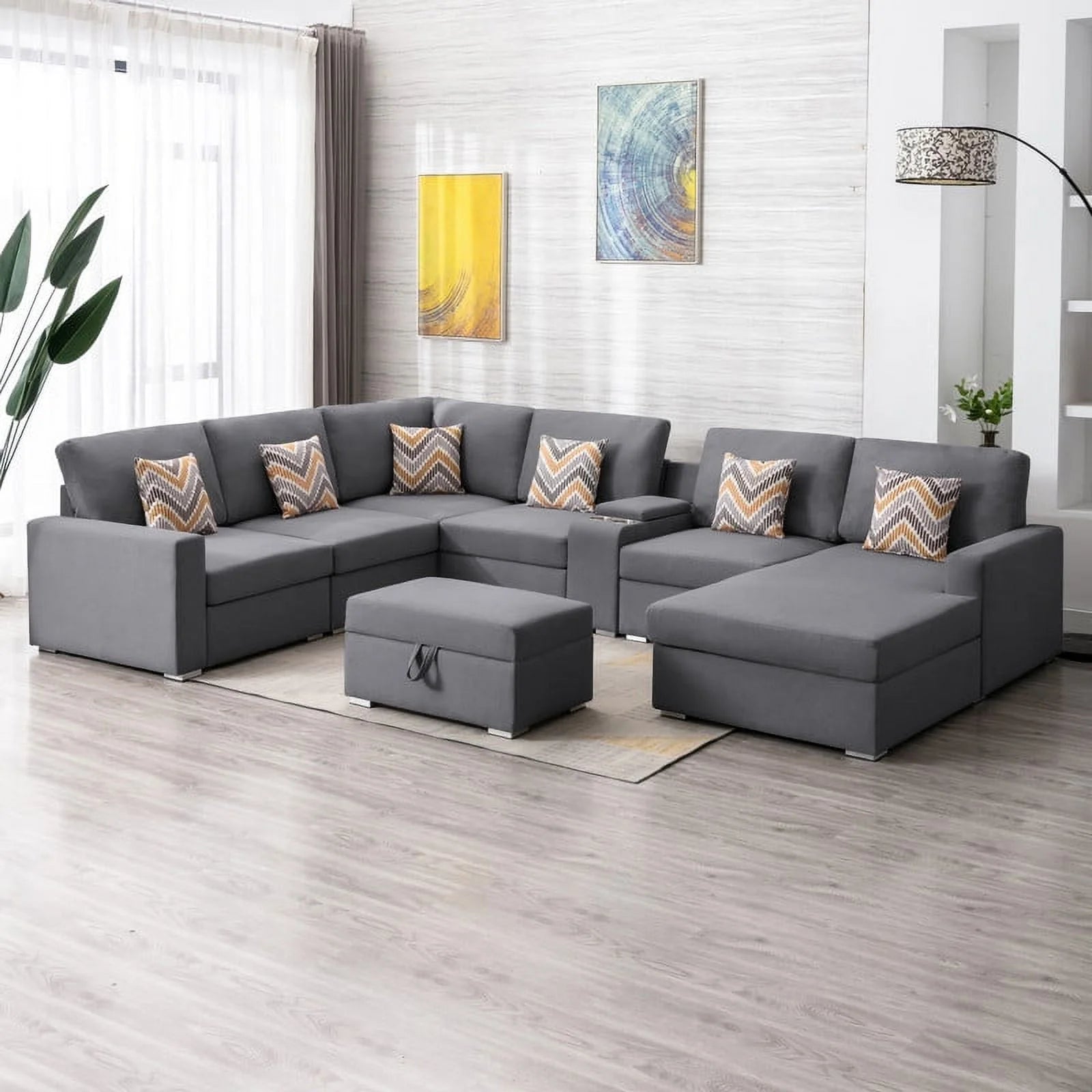 Nolan Gray Linen Fabric 8PcReversible Chaise Sectional USB Port Storage Console