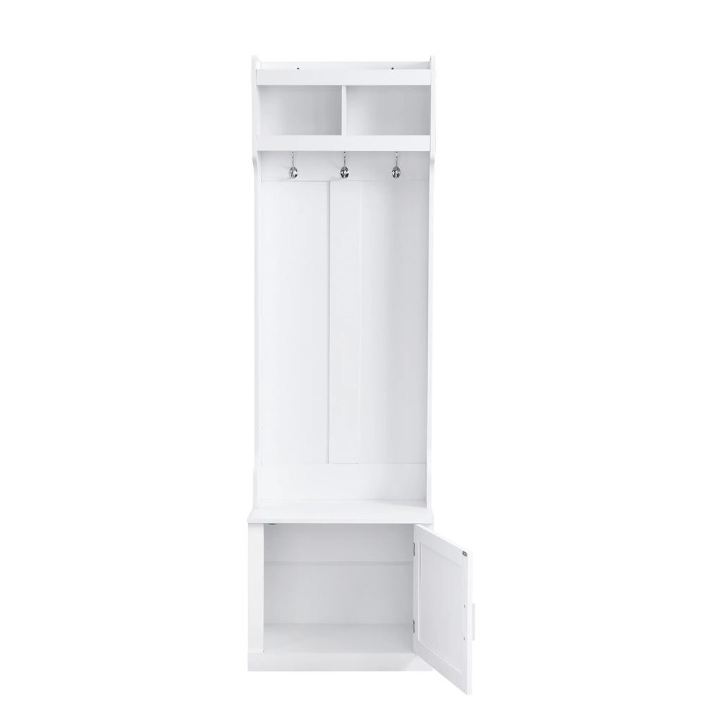 Minimalist Hall Tree with Cabinet & 6 Hanging Hooks, Storage Bench with Coat Rack, White F392546
