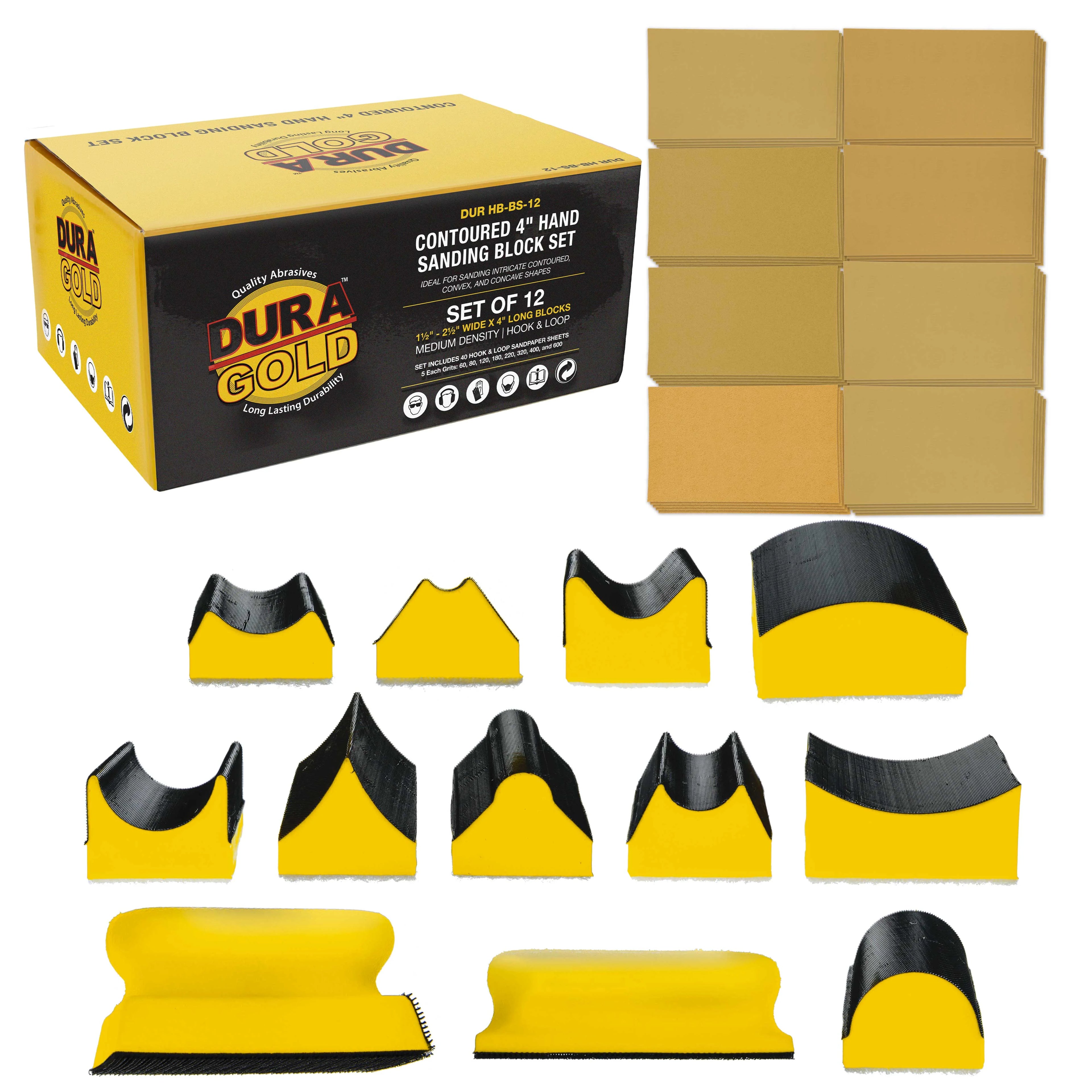Dura-Gold 12-Piece Contoured Profile 4\" Hand Sanding Block Set with 40 Sheet Hook & Loop Sandpaper Kit - Interchangeable Assorted Convex & Concave Shapes - Sand Wood Woodworking Furniture, Auto Paint