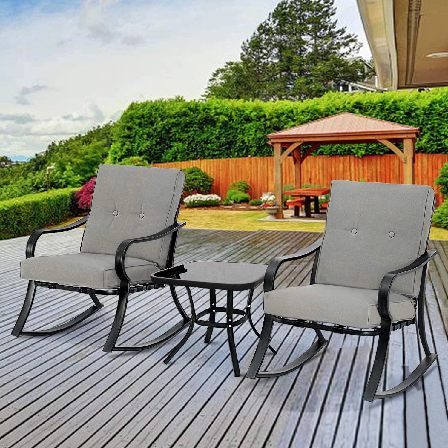 Outdoor Rocking Chairs Set with Cushions and Glass Coffee Table N96983