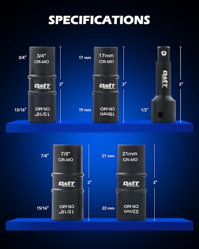 Lug Nut Socket Set, 5pc 1/2" Drive Impact Flip Socket Set, Metric & SAE, Double Ended Thin Wall with 3" Extension Bar J23651