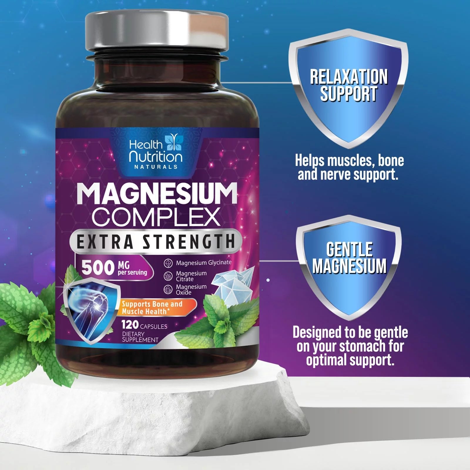 Magnesium Complex 500mg Supplement Capsules for Muscle, Heart, Bone, Nerve Support E184