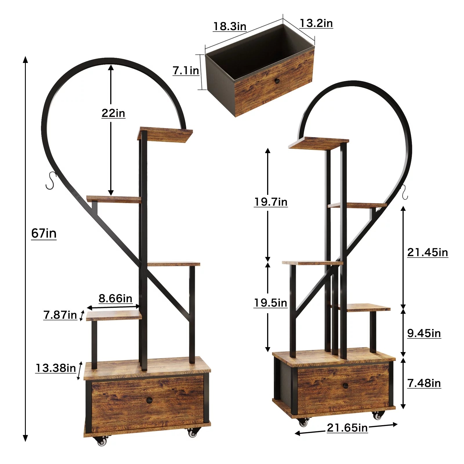 6-Tier Heart-Shape Plant Stand with Drawer and Rollers, Metal and Wood, Indoor Home Decor, 2-Pack I4348
