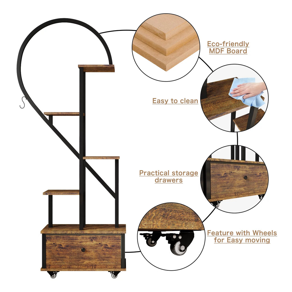 6-Tier Heart-Shape Plant Stand with Drawer and Rollers, Metal and Wood, Indoor Home Decor, 2-Pack I4348