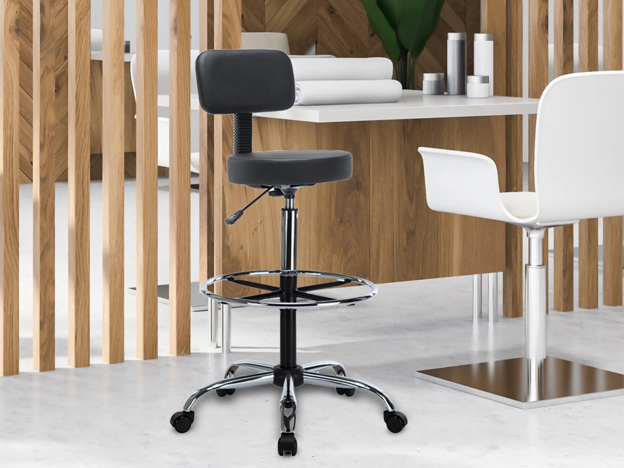 Height Adjustable Drafting Stool with Backrest, Faux Leather, Rolling Wheels D302274