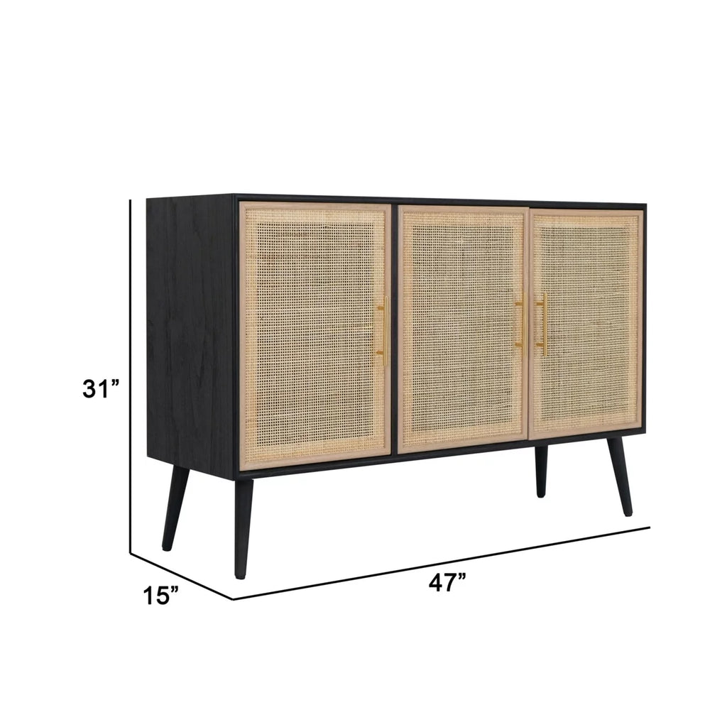 47 Inch TV Media Entertainment Center, Pine Wood, Rattan Doors, Black X52383