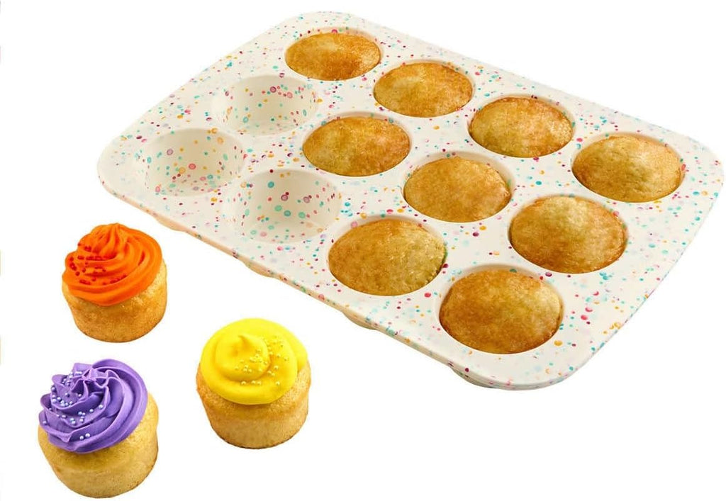 Trudeau Structure White Confetti Reinforced 12 Cup Dome Cake Pan/Mold Silicone Bakeware - 2 Pack (24 Cup Total)