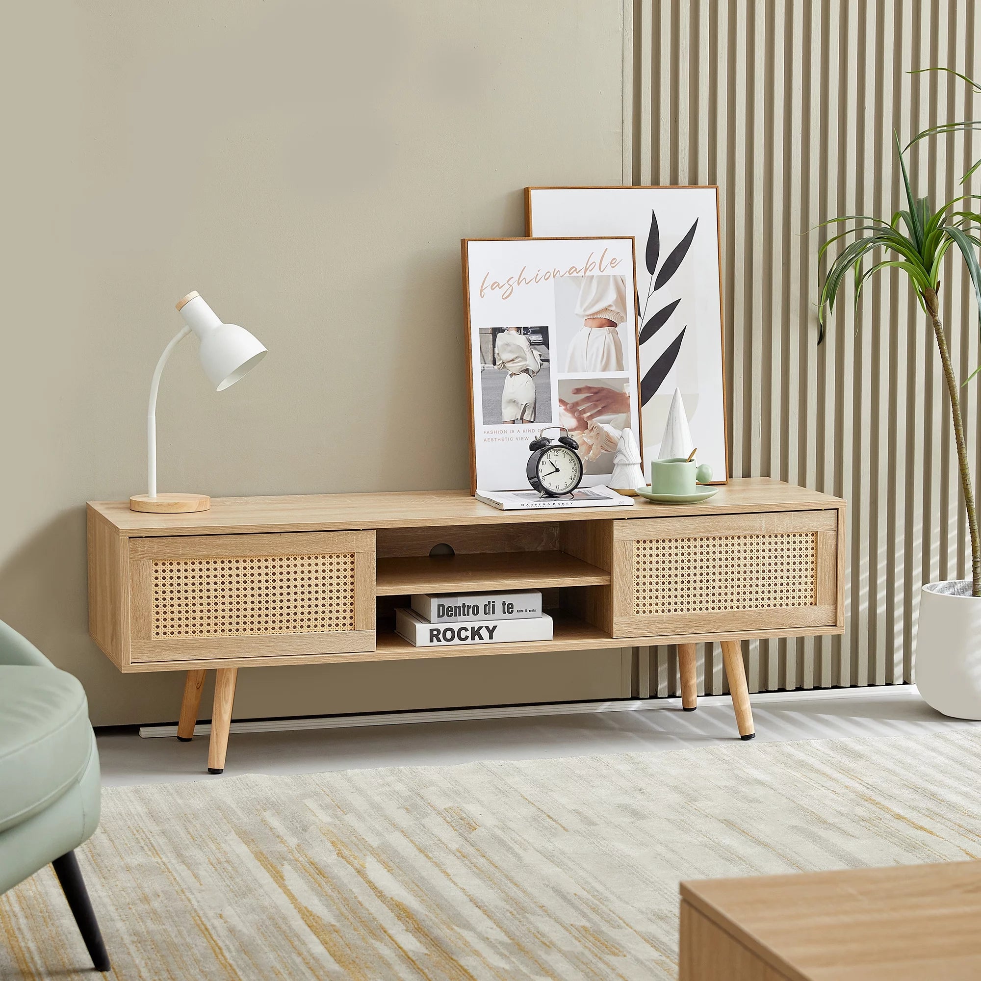 Rattan TV Stand for 55 Inch TV with Sliding Doors and Adjustable Shelf K50867