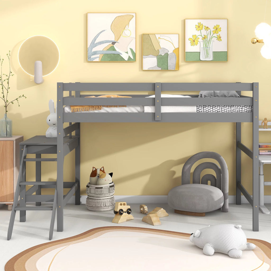 Full Wood Loft Bed with Safety Rail and Ladder for Kids, Gray S384254