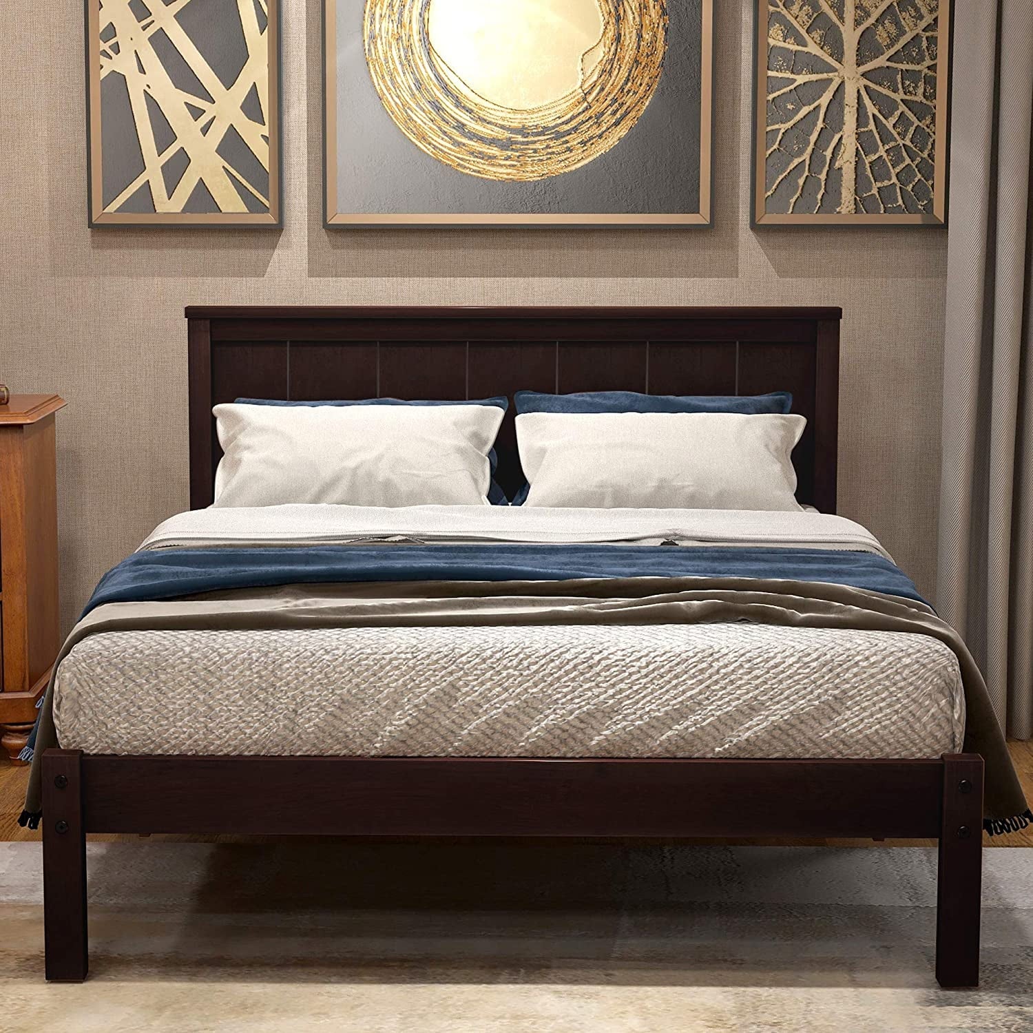 Solid Wood Platform Bed Frame with Headboard and Slat Support, Espresso P7697