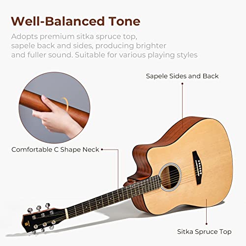 Acoustic Guitar Kit for Beginner Adult Full Size Cutaway Natural Bundle with Bag Strap Tuner Capo Pickguard Pick O993
