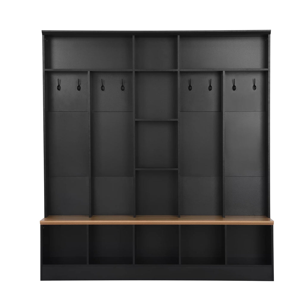 Wide Hall Tree with Storage Bench and 8 Hooks, Black B527