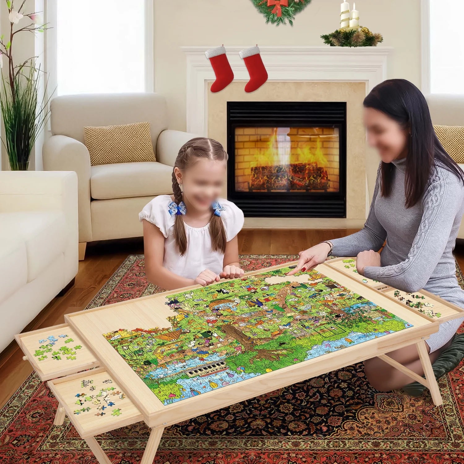 1500 Piece Wooden Jigsaw Puzzle Table with Folding Legs and 4 Drawers Q726