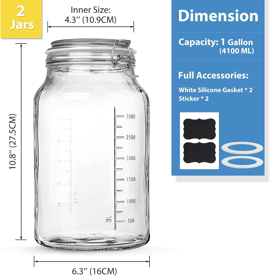 1 Gallon Wide Mouth Glass Storage Jars with Airtight Lids, 2 Pack W949177