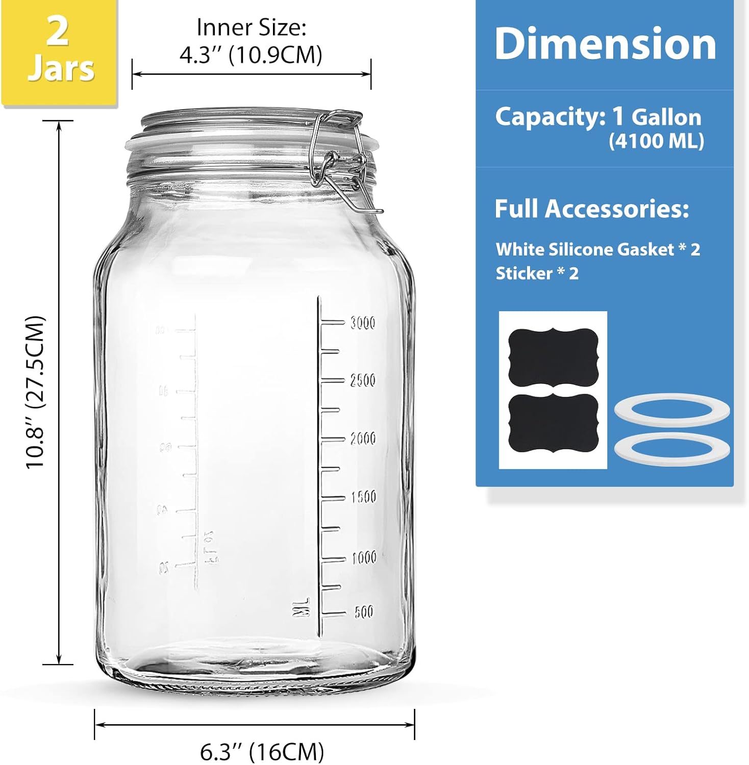 1 Gallon Wide Mouth Glass Storage Jars with Airtight Lids, 2 Pack W949177