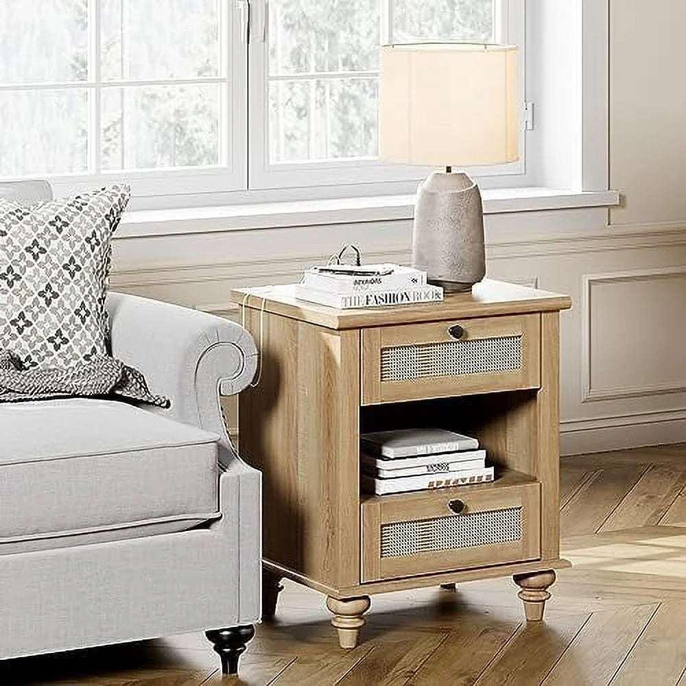 Rattan Nightstand End Table with Charging Station and 2 Drawers T753