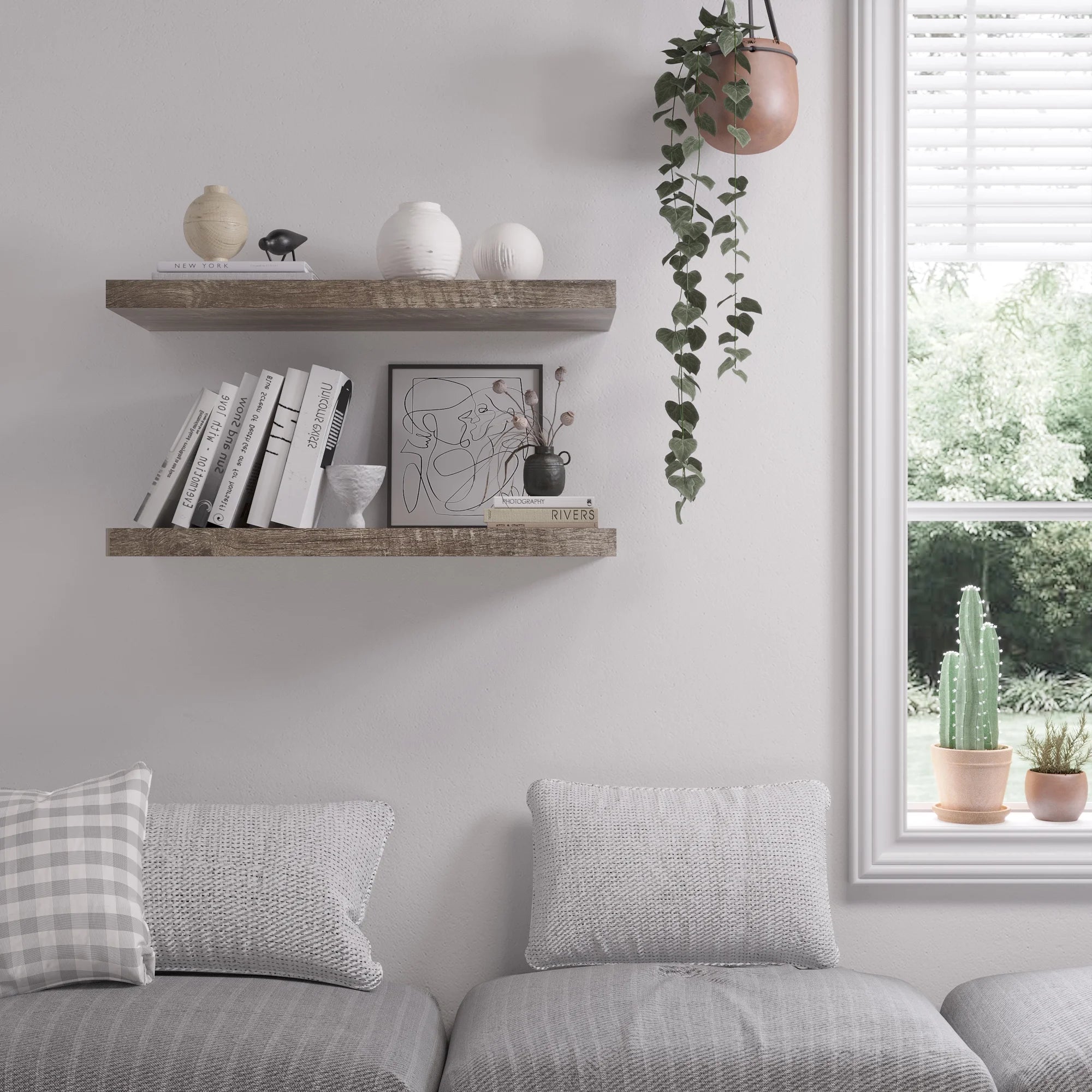 30 inch Wooden Floating Wall Shelf with Invisible Brackets, Set of 2, Rustic Gray J656