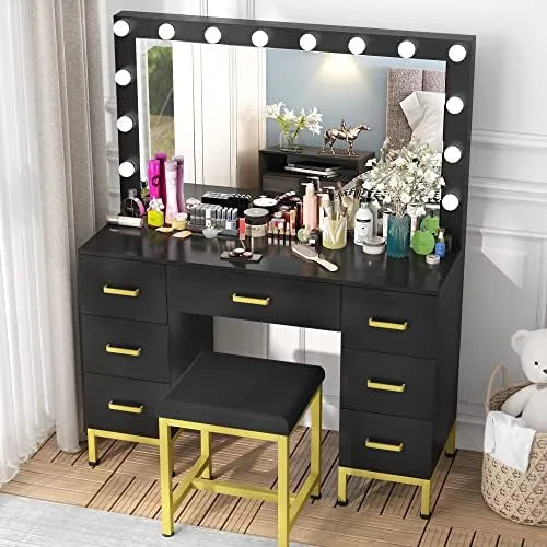 Vanity Set with Lighted Mirror and Cushioned Stool Z6449