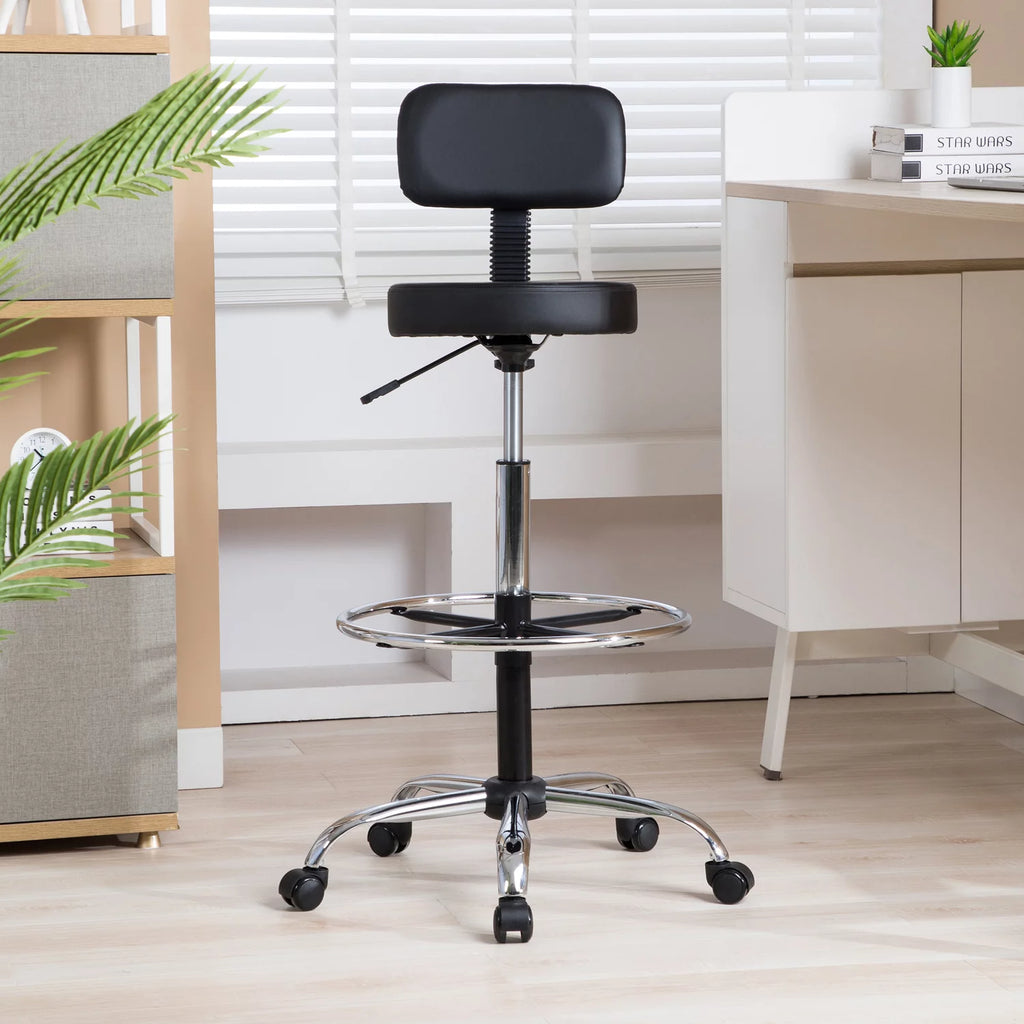 Height Adjustable Drafting Stool with Backrest, Faux Leather, Rolling Wheels D302274