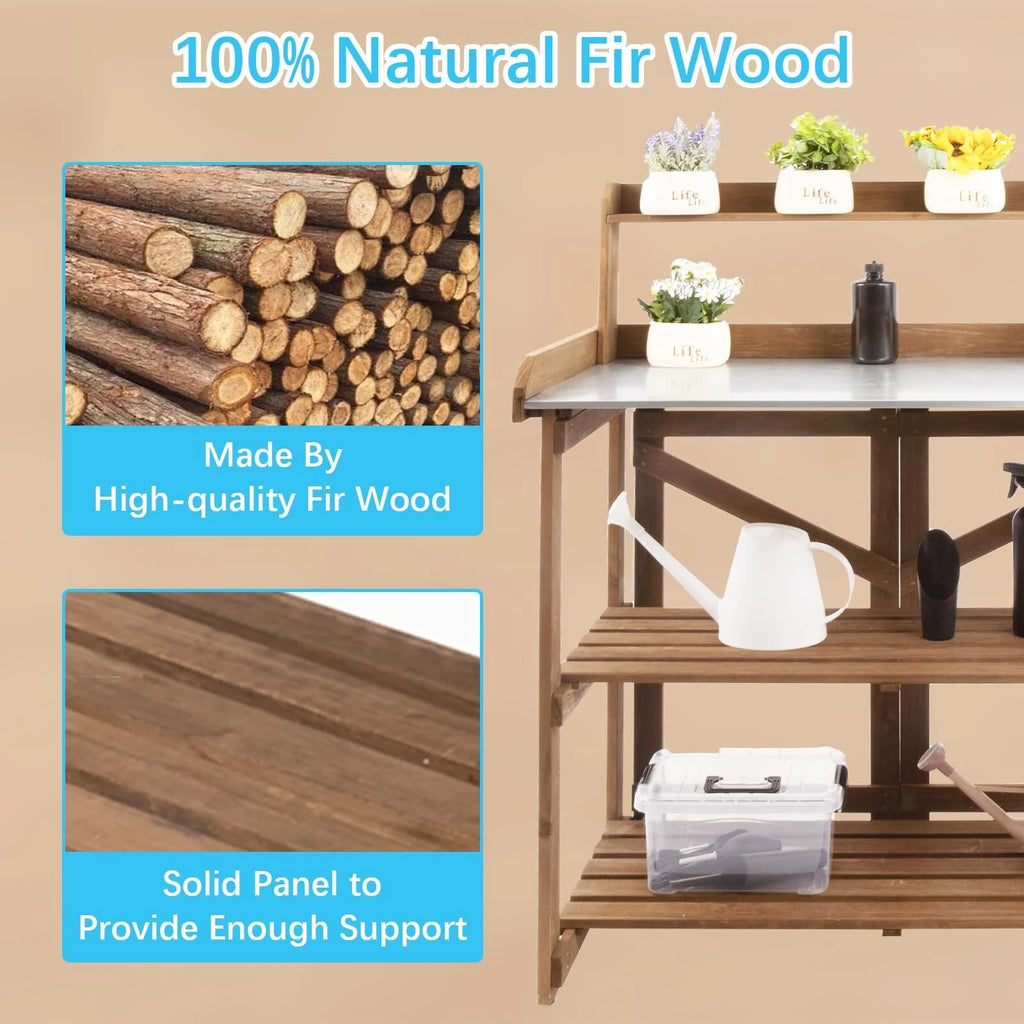 Folding Potting Bench Table Outdoor Garden Wooden Workstation with Galvanized Tabletop M711